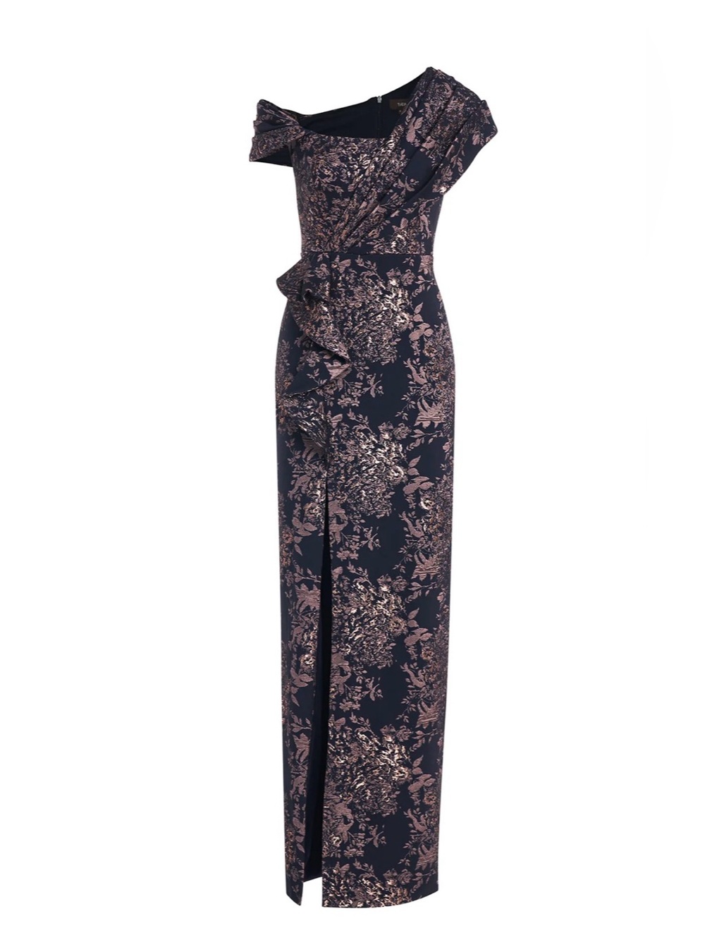 Theia Amaris jacquard column Gown 
Off-the-Shoulder Navy Floral Evening Gown